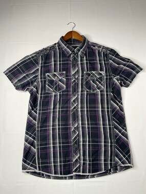 Rebel & Soul Short Sleeve Plaid Button Up Shirt Men's Size Large Purple Black Wh